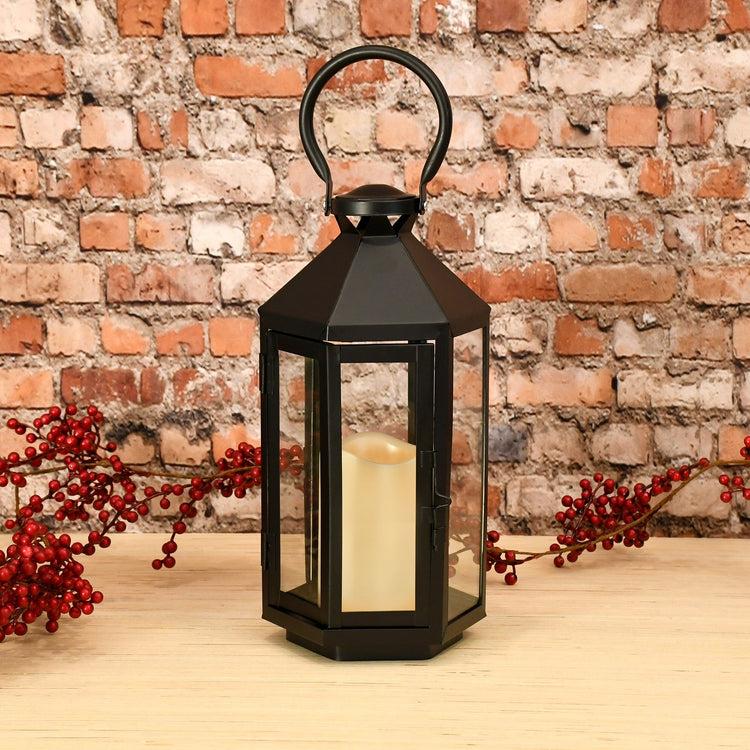 brookstone Black Hexagon Metal Lantern with LED Candle