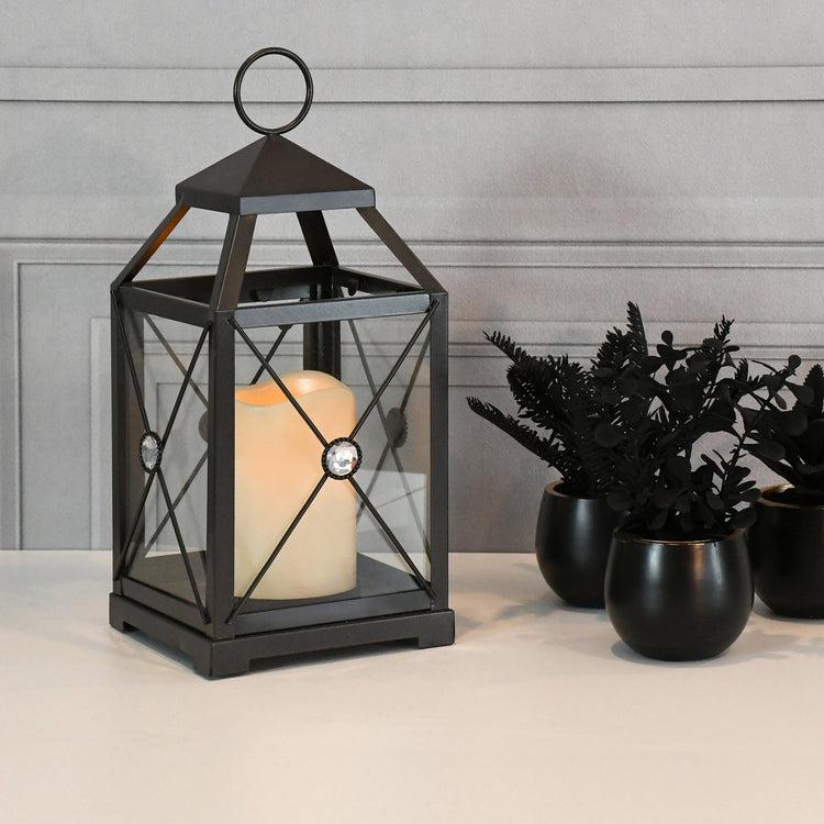 brookstone Black Gem Metal Lantern with LED Candle