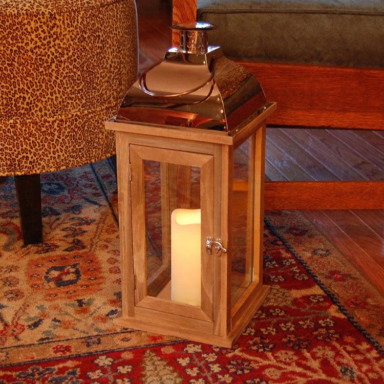 Brookstone Brown Wooden Lantern With Copper Roof And LED Candle
