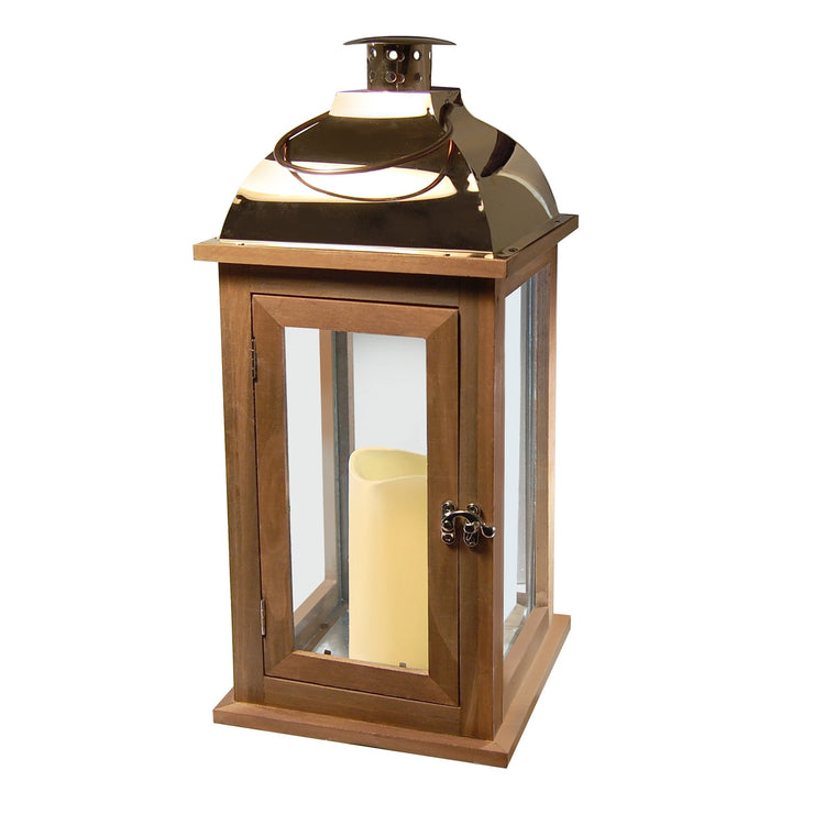 Brookstone Brown Wooden Lantern With Copper Roof And LED Candle