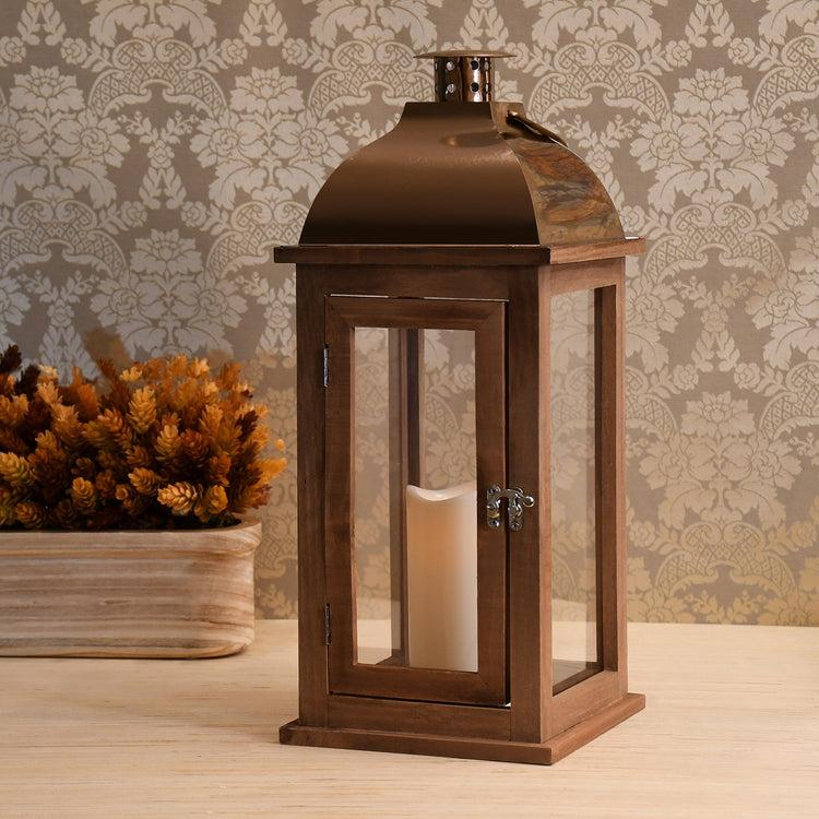Brookstone Brown Wooden Lantern With Copper Roof And LED Candle