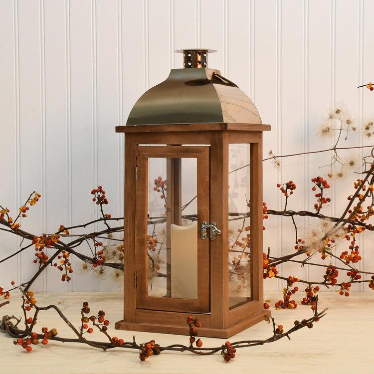 brookstone Brown Wooden Lantern with Copper Roof and LED Candle
