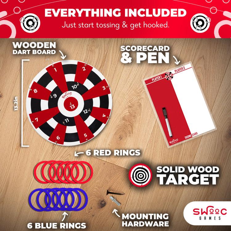 Brookstone Hook Darts Ring Toss Game ‒ Wood Board And Soft Rings
