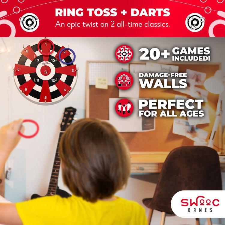 Brookstone Hook Darts Ring Toss Game ‒ Wood Board And Soft Rings