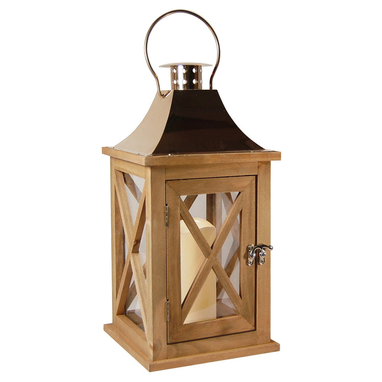 Brookstone Natural Wooden Lantern With Copper Roof And LED Candle
