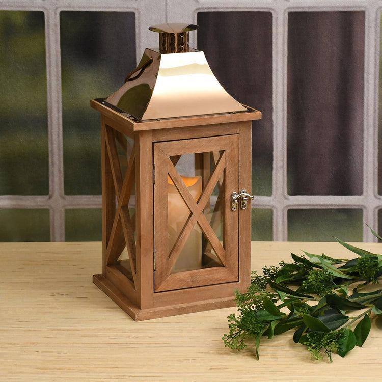 Brookstone Natural Wooden Lantern With Copper Roof And LED Candle