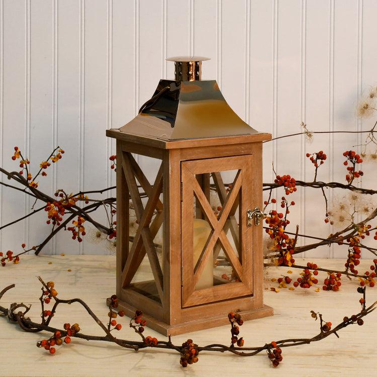 brookstone Natural Wooden Lantern with Copper Roof and LED Candle