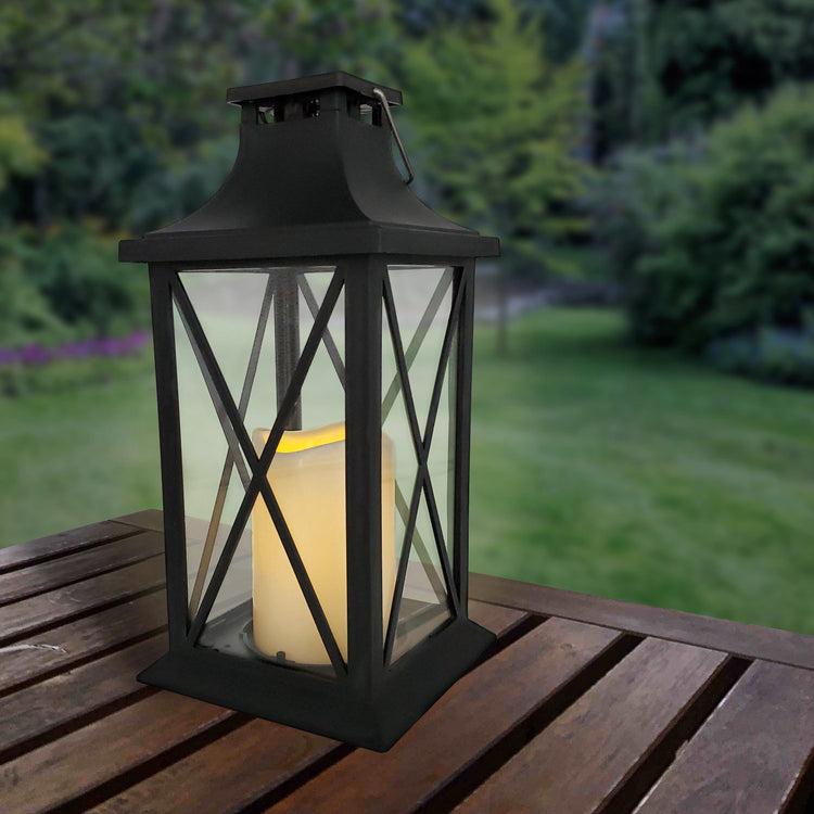 brookstone Solar Powered Lantern with LED Candle – Crisscross