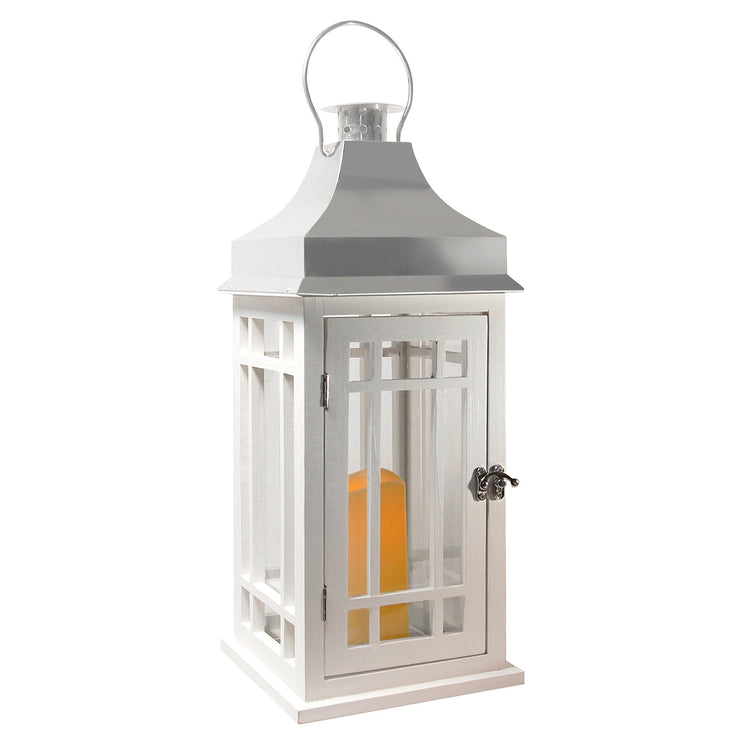 Brookstone White Wooden Lantern With Chrome Roof And LED Candle