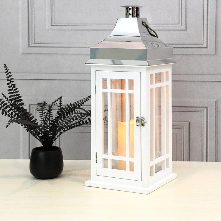 Brookstone White Wooden Lantern With Chrome Roof And LED Candle