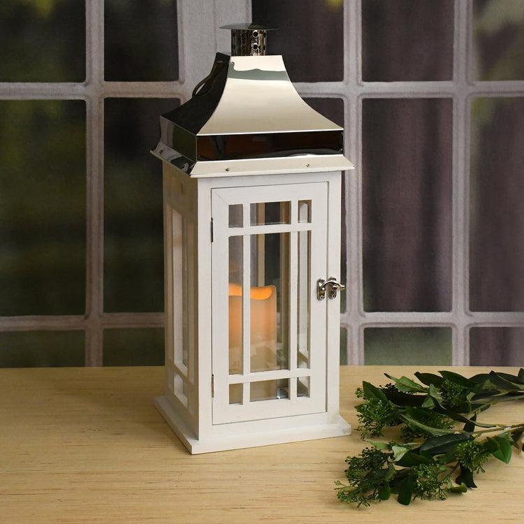 Brookstone White Wooden Lantern With Chrome Roof And LED Candle