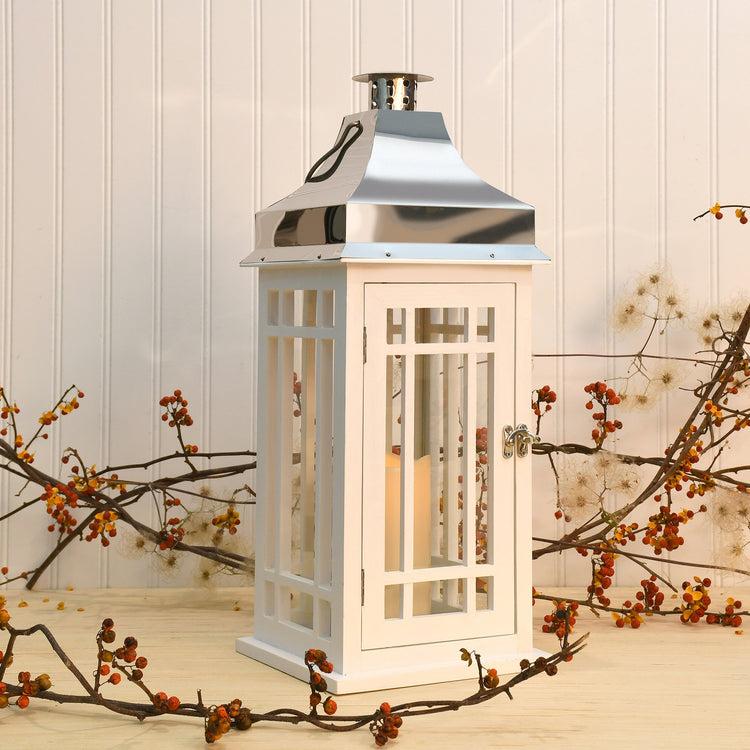 brookstone White Wooden Lantern with Chrome Roof and LED Candle