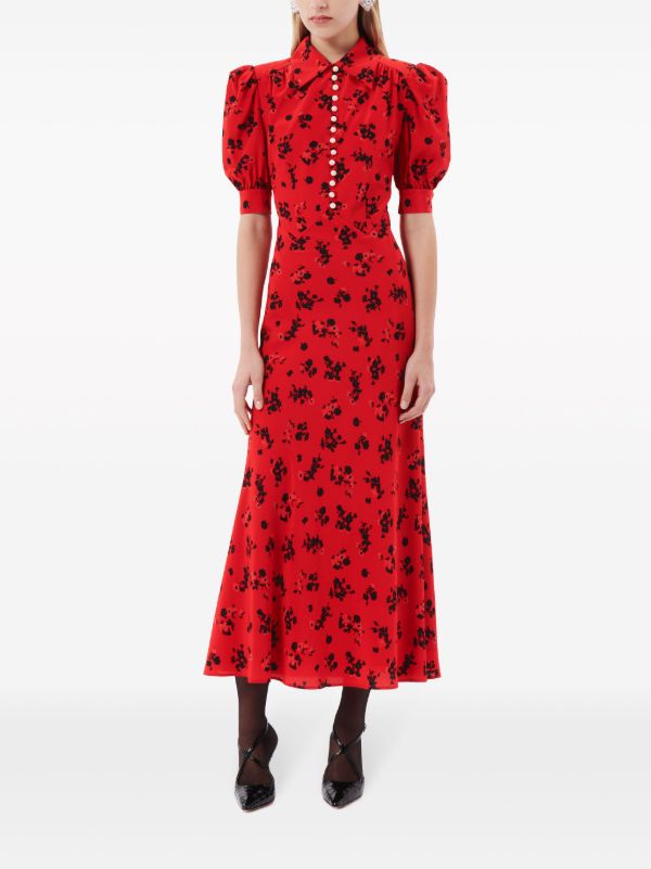 Browns Alessandra Rich Red Rose-Print Silk Dress | Browns Day Dresses