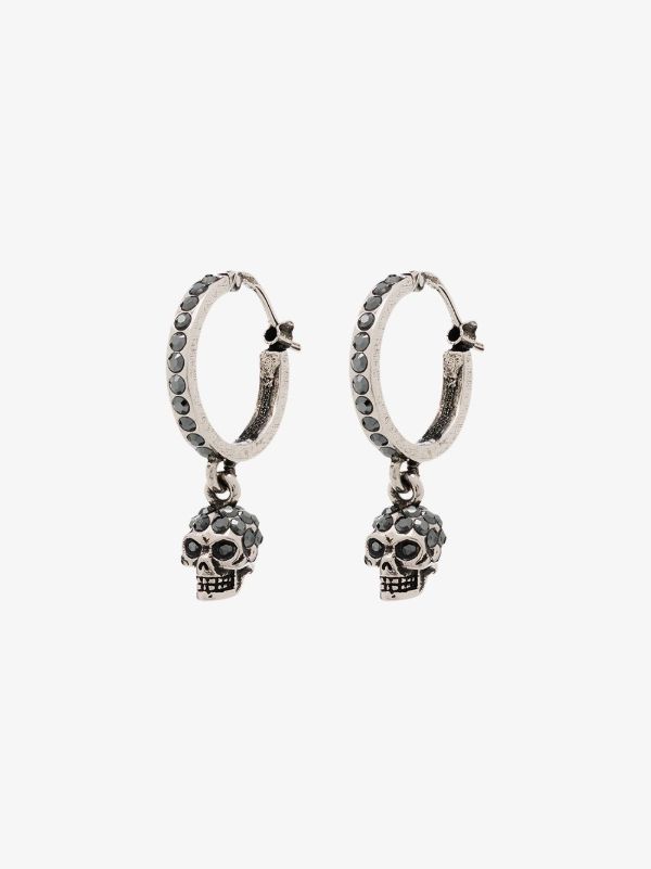 Browns Alexander McQueen Silver Tone Mini Crystal Skull Hoop Earrings | Browns Earrings