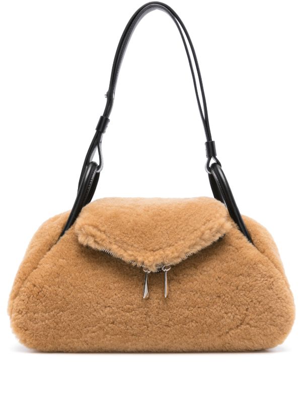 browns Amina Muaddi Neutral Gemini Shearling Shoulder Brown | Browns Shoulder Bags