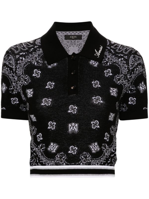 browns AMIRI black bandana-jacquard knitted polo top | Browns Knitted Tops