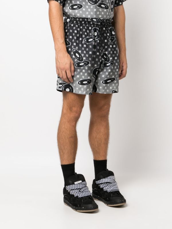 Browns AMIRI X Browns Black Falling Records Silk Shorts | Browns Bermuda Shorts