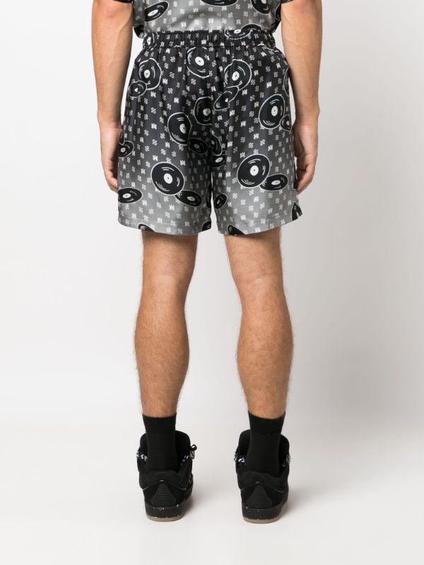 Browns AMIRI X Browns Black Falling Records Silk Shorts | Browns Bermuda Shorts