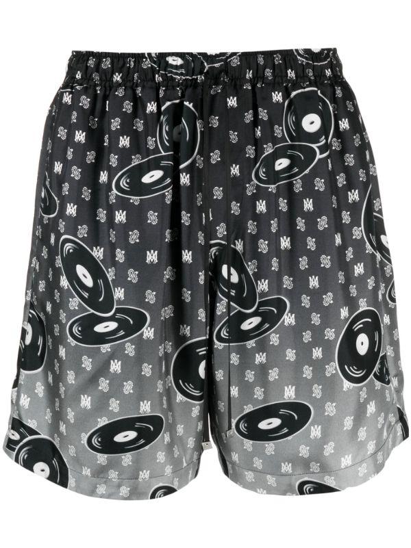 browns AMIRI X Browns Black Falling Records Silk Shorts | Browns Bermuda Shorts
