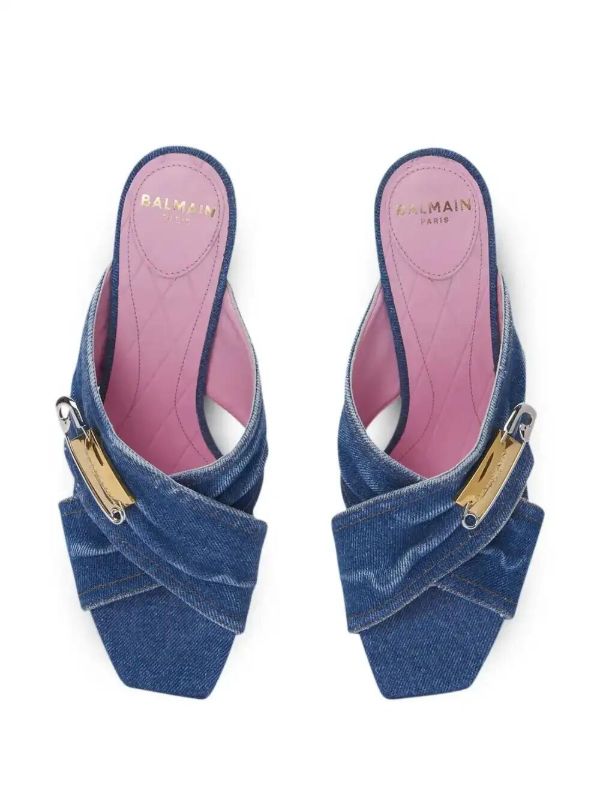 Browns Balmain 75mm Safety-pin Denim Mules | Browns Mules