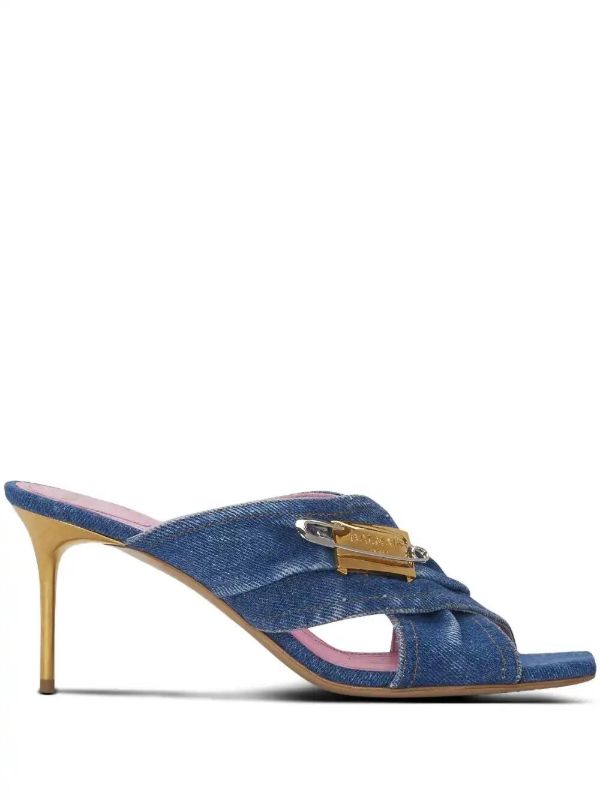 browns Balmain 75mm safety-pin denim mules | Browns Mules