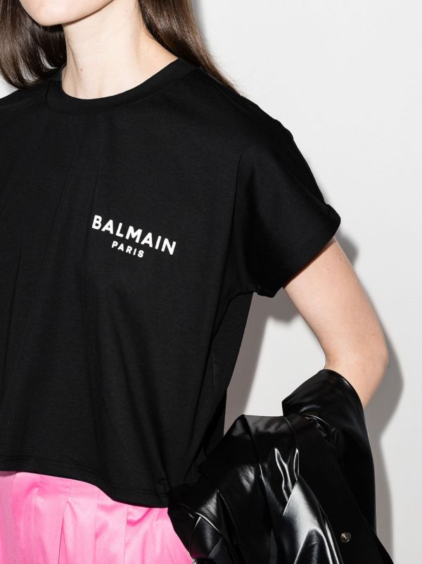 Browns Balmain Black Cropped Logo Cotton T-shirt | Browns T-Shirts & Jersey Shirts