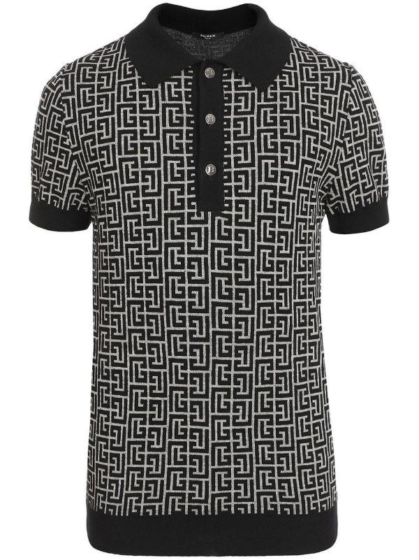 browns Balmain Black Monogram Jacquard Polo Shirt | Browns Polo Shirts