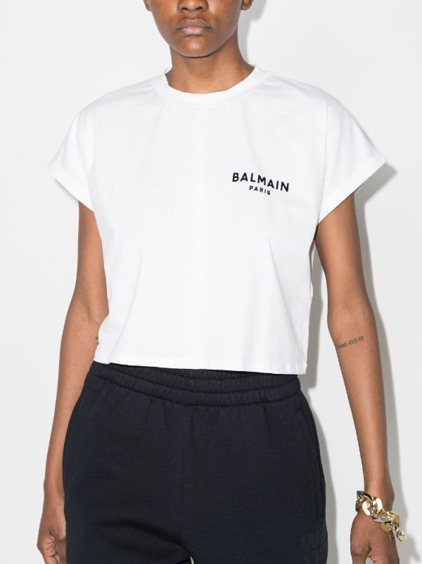 Browns Balmain White Cropped Logo Cotton T-Shirt | Browns T-Shirts & Jersey Shirts