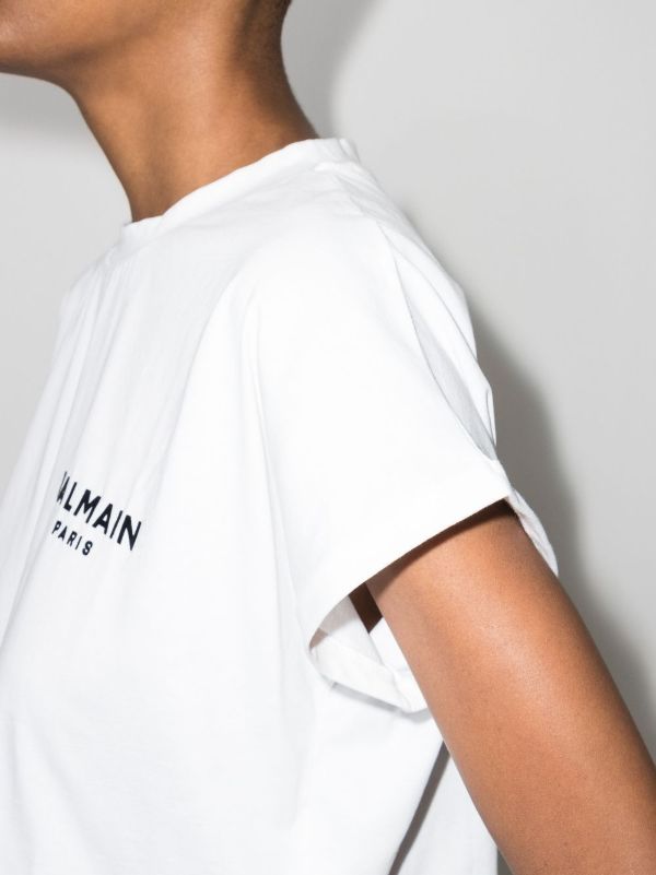 Browns Balmain White Cropped Logo Cotton T-Shirt | Browns T-Shirts & Jersey Shirts