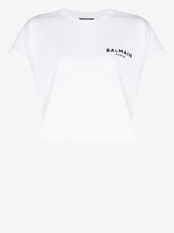 browns Balmain White cropped logo cotton T-Shirt | Browns T-Shirts & Jersey Shirts