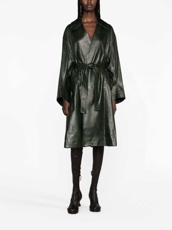 Browns Bottega Veneta Green Belted Leather Coat | Browns Leather Coats