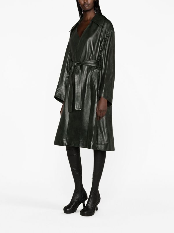 Browns Bottega Veneta Green Belted Leather Coat | Browns Leather Coats