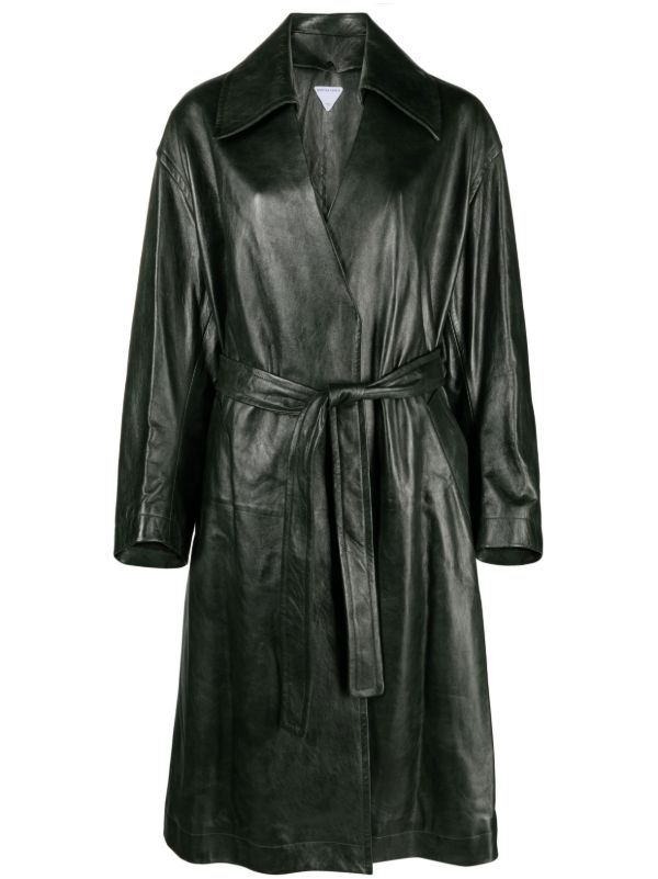 browns Bottega Veneta Green Belted Leather Coat | Browns Leather Coats