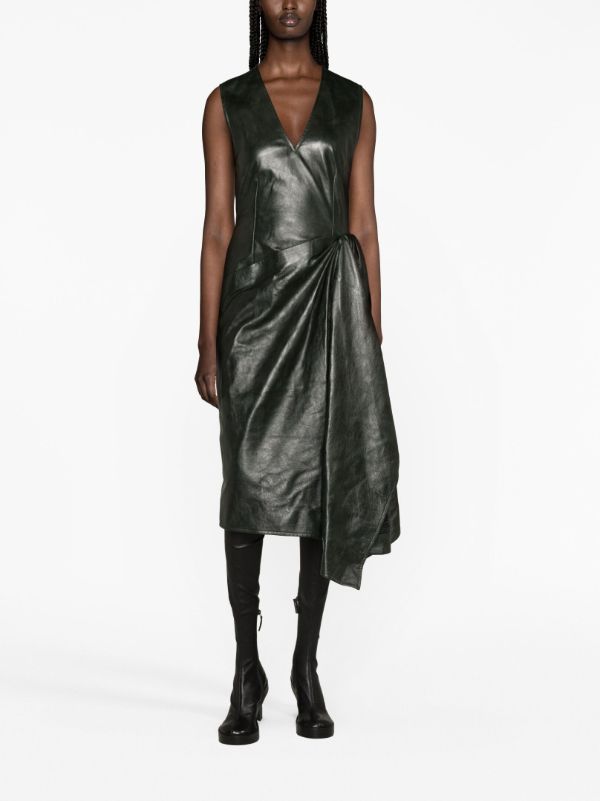Browns Bottega Veneta Green Draped Leather Midi Dress | Browns Day Dresses