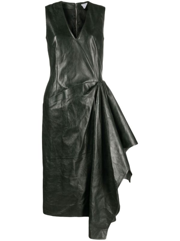 browns Bottega Veneta Green Draped Leather Midi Dress | Browns Day Dresses