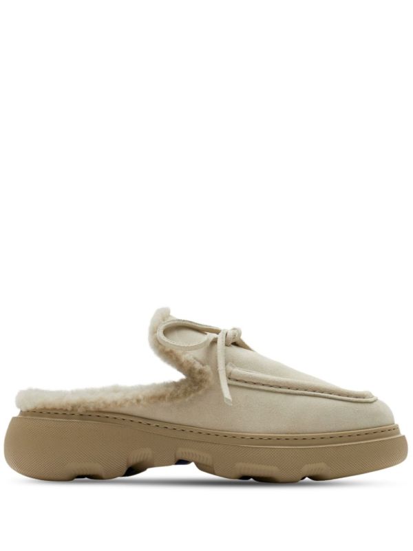 browns Burberry neutral Stony shearling mules | Browns Mules