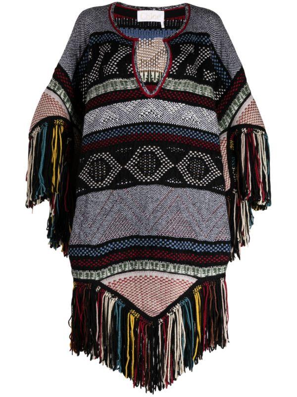 browns Chloé Black Fringed Jacquard Wool Cape | Browns Capes