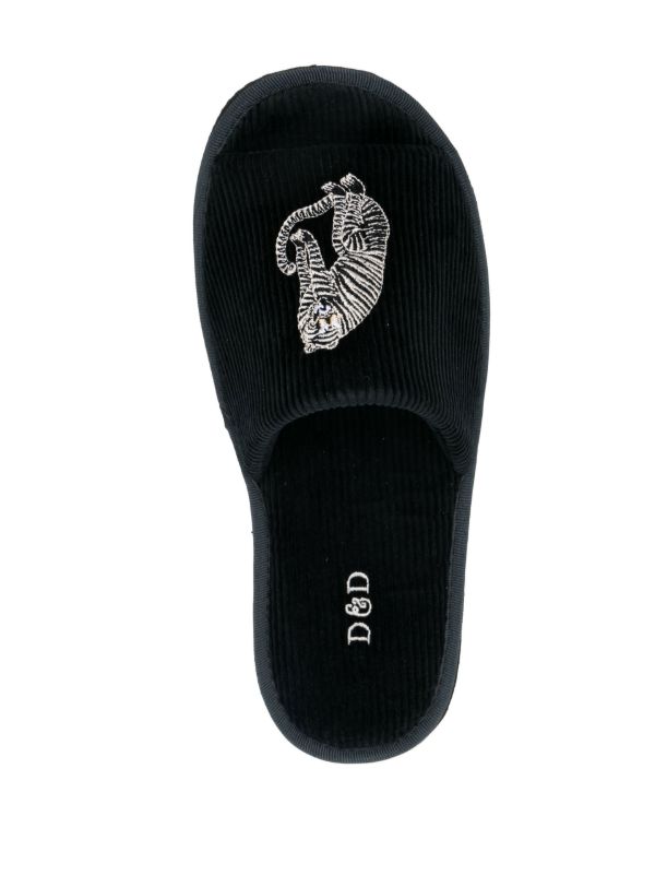 Browns Desmond & Dempsey Black Sansindo Tiger Embroidered Slippers | Browns Slippers