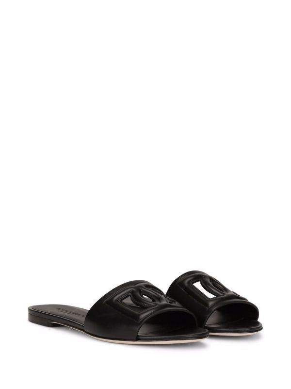 Browns Dolce & Gabbana Black Logo Embossed Leather Slides | Browns Flip Flops & Slides