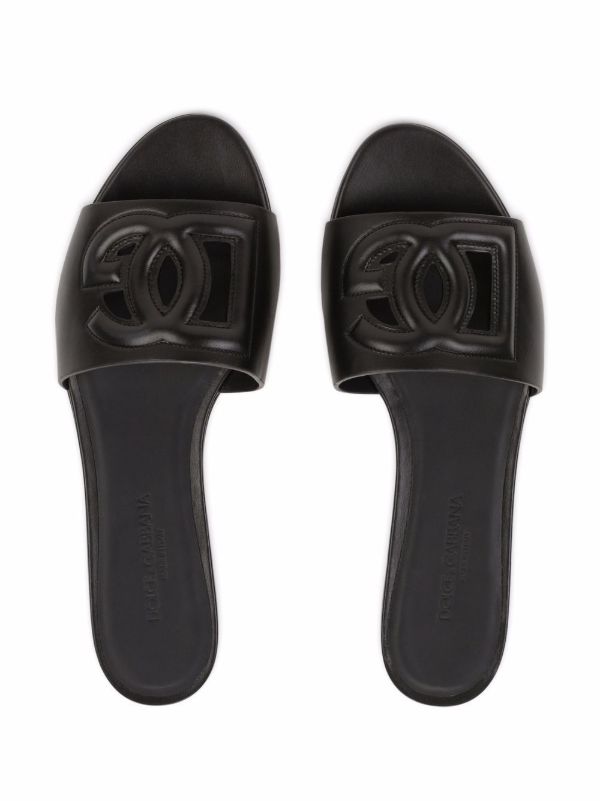 Browns Dolce & Gabbana Black Logo Embossed Leather Slides | Browns Flip Flops & Slides