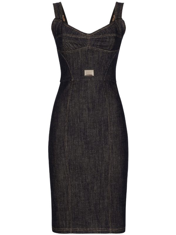 browns Dolce & Gabbana Black Logo Plaque Denim Midi Dress | Browns Day Dresses