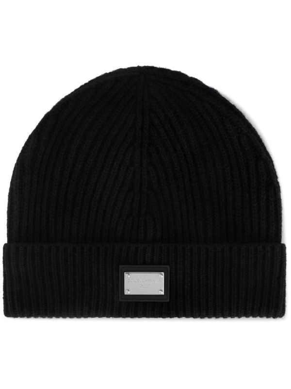 browns Dolce & Gabbana Black Logo Plaque Ribbed Beanie | Browns Hats