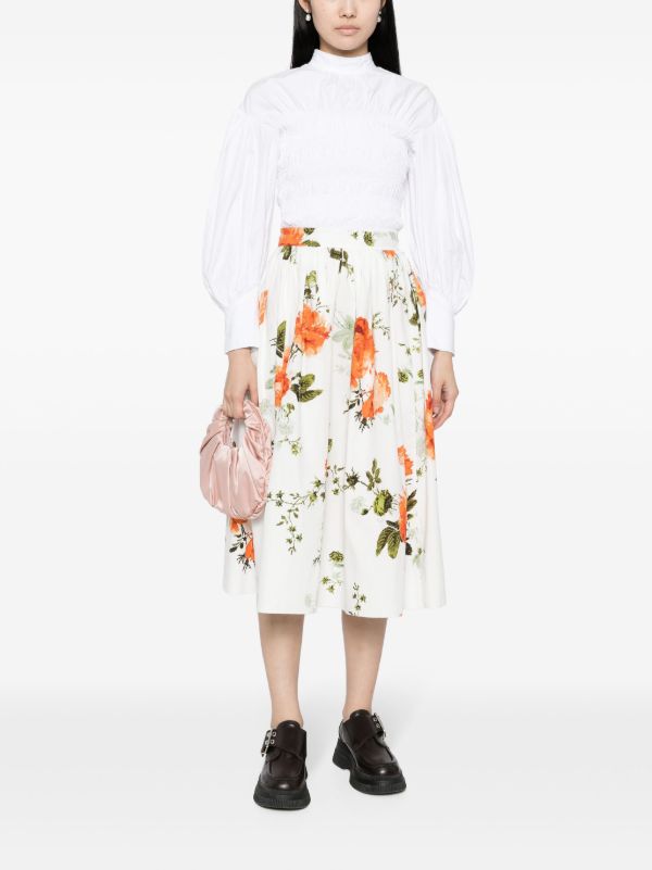 Browns ERDEM White Floral-Print Cotton Skirt | Browns A-Line Skirts
