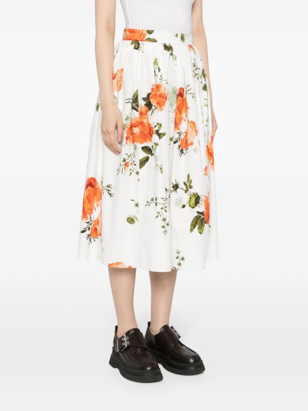 Browns ERDEM White Floral-Print Cotton Skirt | Browns A-Line Skirts