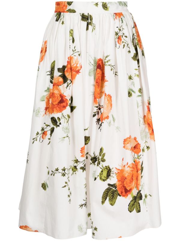 browns ERDEM White Floral-Print Cotton Skirt | Browns A-Line Skirts