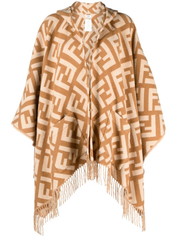 browns FENDI Brown FF Logo Fringed Cashmere Poncho | Browns Capes