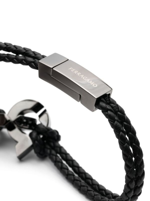 Browns Ferragamo Black Gancini Plaque Leather Braided Bracelet | Browns Bracelets