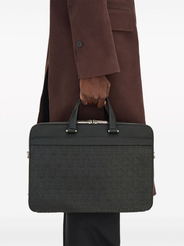Browns Ferragamo Black Monogram Embossed Leather Briefcase | Browns Laptop Bags & Briefcases