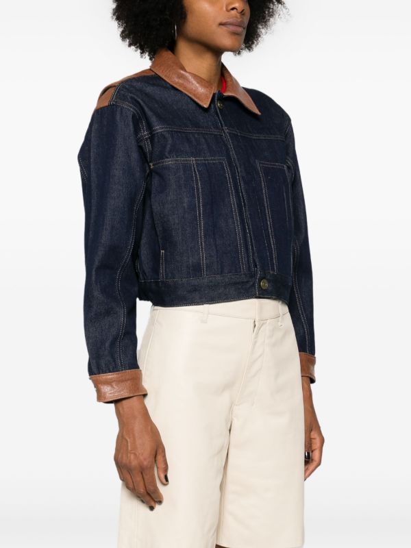 Browns FRAME Blue Leather-Trim Denim Jacket | Browns Denim Jackets