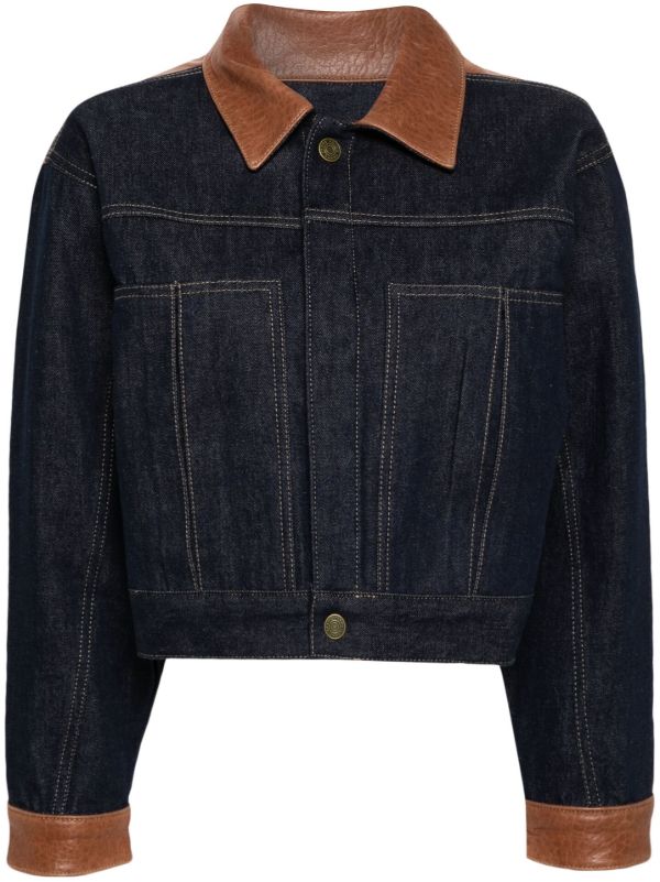 browns FRAME Blue Leather-Trim Denim Jacket | Browns Denim Jackets